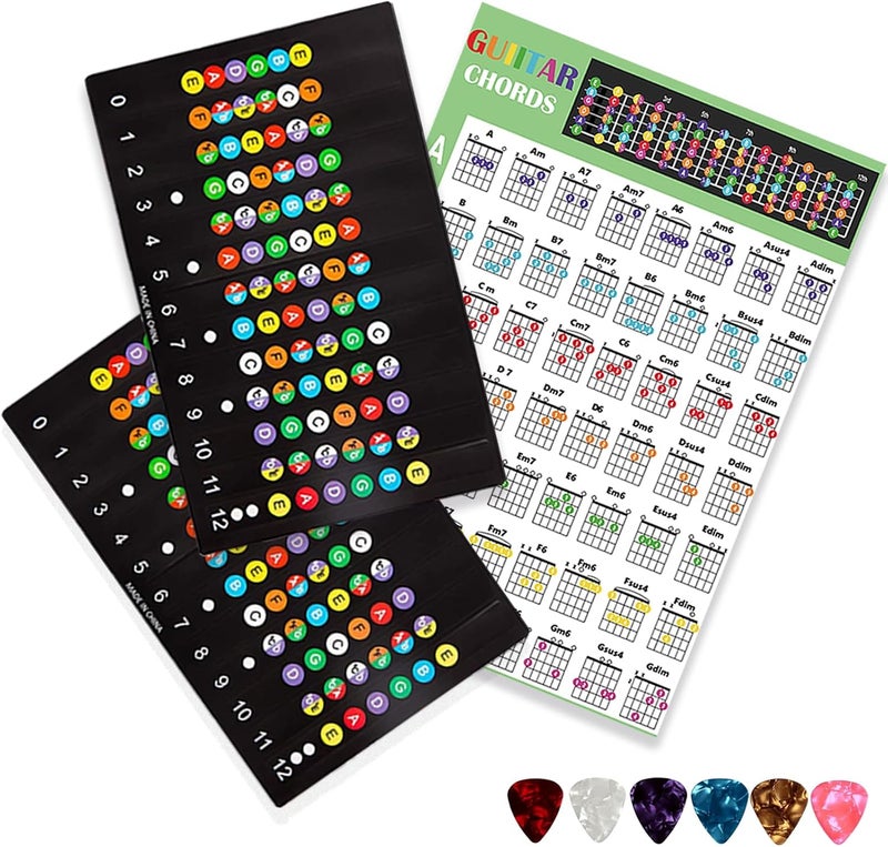 Junlego Guitar Fretboard Stickers, with Guitar Chord Chart,Color Coded Note Decals Guitar Tools for Learner Practice Fit 6 Strings Guitar (2*Stickers+1*Chords Map+6*Picks) - Image 1